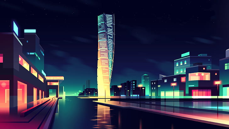 Home, Minimalism, Night, Vector, The city, River, Promenade, Light, Style, Building, The building, Architecture, Art, Lighting, Romain Trystram, by Romain Trystram, HD wallpaper