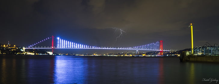 Стамбул, Босфор, ночь, длительная выдержка, город, огни города, молния, мост, HD обои