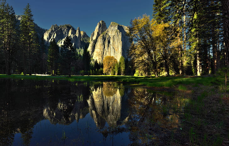 body of water in front of stone during daytime photo, Early Morning, Morning Light, Light  body, body of water, front, stone, daytime, photo, Sunrise, Blue Skies, Capture, NX2, Edited, Chimney, Cathedral Rocks, Vista, Central, Yosemite, Sierra, Color, Pro  Day, Day 4, Evergreens, Glass, Reflections, Higher, Cathedral Spires, Hillside, Trees, Lake, Water, Landscape, SW, Lower, Middle, Mountains, Distance, Nature, Nikon D800E, Pacific Ranges, Pond, Sierra Nevada, Spires, Gully, Trip, Paso Robles, Window, Yosemite National Park, Yosemite Valley, United States, scenics, rock - Object, tree, mountain, outdoors, forest, beauty In Nature, summer, HD wallpaper