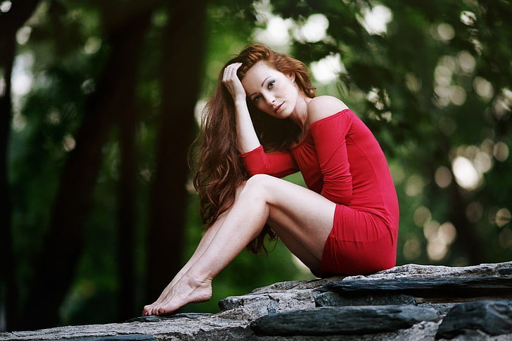 women's red off-shoulder dress, women, redhead, dress, red dress, legs, long hair, women outdoors, blurred, minidress, HD wallpaper