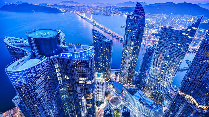 มุมมองที่ยอดเยี่ยมของเมืองปูซานเกาหลีใต้ HDR สะพานเมืองตึกระฟ้าสีฟ้าธรรมชาติและทิวทัศน์, วอลล์เปเปอร์ HD