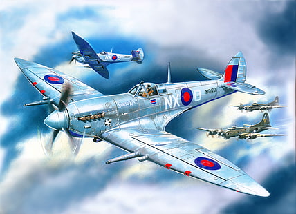 pintura de cuatro aviones de combate, el cielo, las nubes, la figura, el arte, los cazas, el vuelo, el avión, el apoyo, inglés, WW2, estadounidense, pesado, Spitfire Mk.7, bombarderos de cuatro motores, B-17, Fondo de pantalla HD HD wallpaper