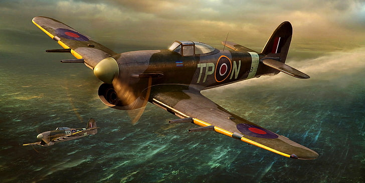 British, fighter-bomber, artwork, piston, Typhoon, Royal Air Force, Hawker, WWII, Mk.IB, HD wallpaper