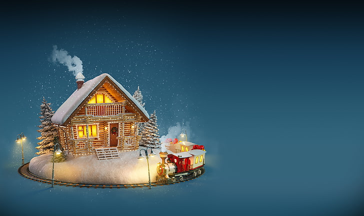البيت الأسمنتي البني والأبيض ، رأس السنة الجديدة ، عيد الميلاد ، المنزل ، الشتاء ، الثلج ، عيد ميلاد سعيد ، الديكور، خلفية HD