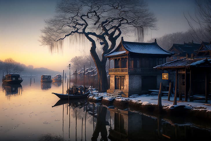 AI art, winter, snow, frost, Japan, village, boat, HD wallpaper