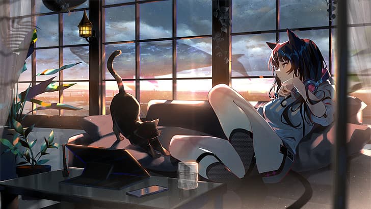 Anime Girls, Katzenmädchen, schwarze Katzen, Originalfiguren, Zimmer, Fenster, Himmel, Arutera, HD-Hintergrundbild