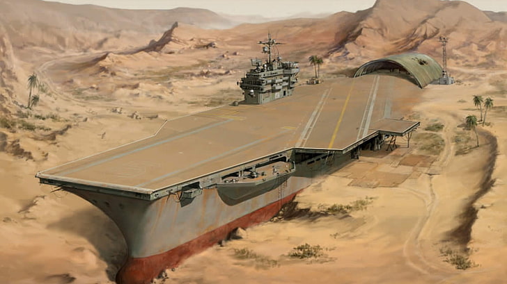 graue und schwarze Schlachtschiff digitale Tapete, apokalyptisch, Flugzeugträger, Animation, Wüste, HD-Hintergrundbild