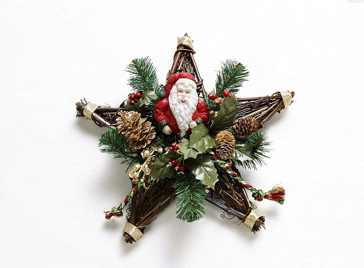 star, wreath, santa claus, cones, needles, christmas, star, wreath, santa claus, cones, needles, christmas, HD wallpaper