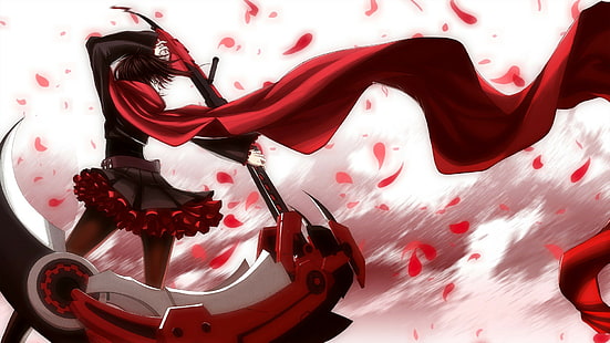 Ruby Rose (personaggio), anime, RWBY, petali di fiori, anime girls, falce, Sfondo HD HD wallpaper