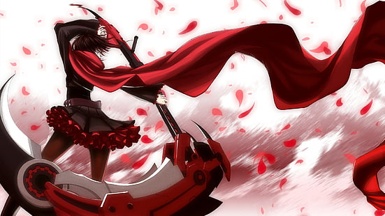 RWBY, Ruby Rose (character), scythe, anime, anime girls, flower petals, HD wallpaper HD wallpaper