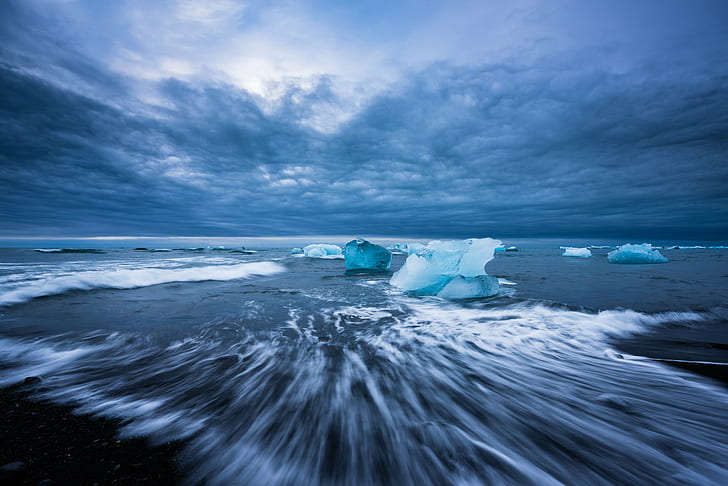 водное пространство в дневное время, Куски, Лед II, водное пространство, день, время, Исландия, Исландия, пейзаж, путешествие, viaje, Jokulsarlon, айсберг, морской пейзаж, облака, небо, море, шелк, айсберг - ледообразование, природа, синий, вода, jokulsarlon Лагуна, лед, ледник, холод - температура, облако - небо, волна, пляж, HD обои