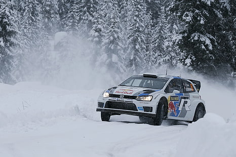 carro branco, inverno, neve, floresta, Volkswagen, derrapagem, WRC, rali, polo, HD papel de parede HD wallpaper