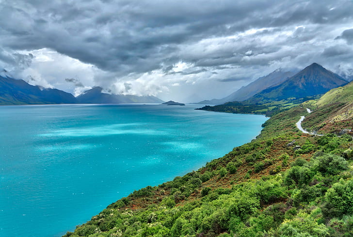 body of water surrounded by mountains with stratus clouds photography, The Road Home, body of water, mountains, stratus clouds, photography, New Zealand, Queenstown, Glenorchy, Otago  NZ, South Island, Islands, Road, Horizontal, Colour, Color, Tutorial, HDR Photography, Outdoor, Outdoors, Outside, RR, Daily, Day, Time, Reflections, Mirror  Lake, Water, Mountain, Travel, Snow, Sharp, Purple, Green  Yellow, Black  Sun, Clouds, Lake Wakatipu, landscape, cloud, nature, scenics, lake, summer, mountain Peak, cloud - Sky, HD wallpaper