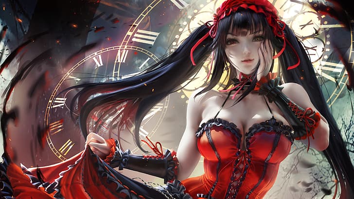 Zumi, Date A Live, Tokisaki Kurumi, fan art, artwork, anime, manga, series, anime girls, black hair, long hair, bangs, twintails, heterochromia, clocks, Roman numerals, red dress, armlet, ribbons, red ribbons, plants, trees, hand on face, smiling, looking at viewer, wavy hair, hair blowing in the wind, HD wallpaper