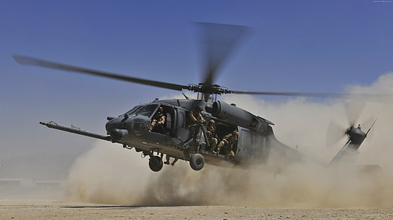спасителен хеликоптер, бойно търсене, HH-60G, кацане, прах, армия на САЩ, MH-60G, Sikorsky, MEDEVAC, Pave Hawk, HD тапет HD wallpaper