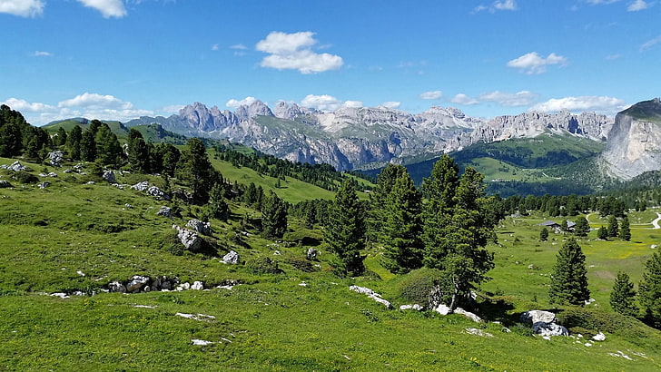 grönt och brunt gräsfält, Dolomiterna (berg), berg, natur, landskap, HD tapet