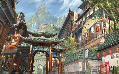 Chinese lantern, gate, and house digital wallpaper, art, asia, building, mountain, bamboo, lights, waterfalls, city, HD wallpaper HD wallpaper