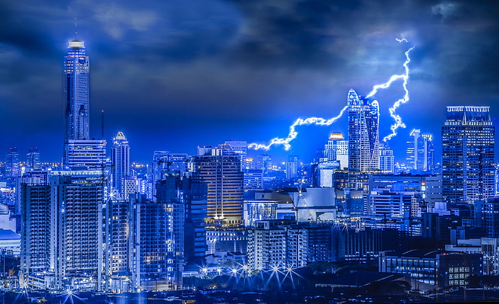 city buildings, the storm, the sky, night, clouds, lights, lightning, home, treatment, Thailand, Bangkok, HD wallpaper