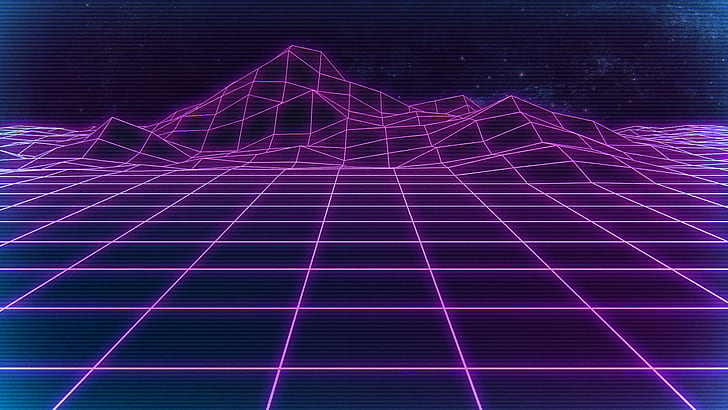 digital, seni digital, karya seni, 1980-an, neon, Retrowave, ungu, latar belakang ungu, kisi, pegunungan, synthwave, garis, futuristik, 80-an, lampu neon, merah muda, Wallpaper HD