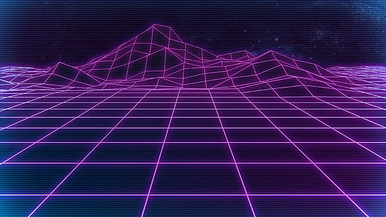 digital, digital art, artwork, 1980s, neon, Retrowave, purple, purple background, grid, mountains, synthwave, lines, futuristic, 80s, neon lights, pink, HD wallpaper HD wallpaper