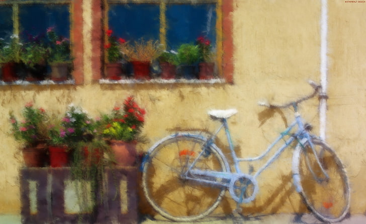 Old Bicycle Leaning Against A Wall, blue step-through bicycle, Artistic, Drawings, Wall, Bicycle, Leaning, Against, HD wallpaper