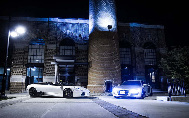 weißes Cabrio, Lamborghini, Audi, Auto, Lamborghini Murcielago, Audi R8, HD-Hintergrundbild