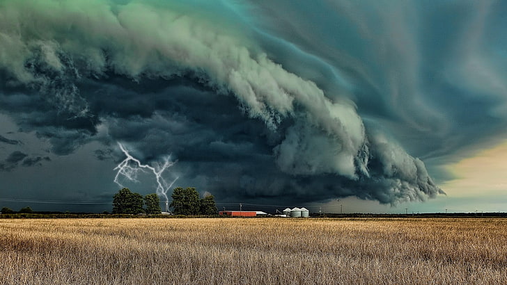 lightning, cloudy, stormy, field, sky, HD wallpaper