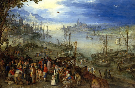 landscape, people, picture, boats, Jan Brueghel the elder, Fish Market on the River, HD wallpaper HD wallpaper