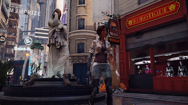 woman standing near statue game application, screen shot, video games, Remember Me, Nilin, statue, futuristic, HD wallpaper
