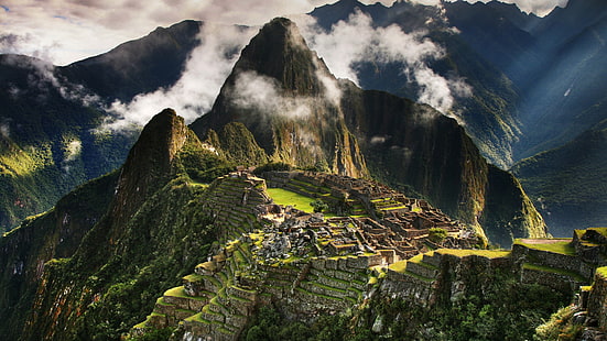 aerial photography of Machu Picchu Peru, Machu Picchu, 5k, 4k wallpaper, Peru, mountains, clouds, hills, HD wallpaper HD wallpaper