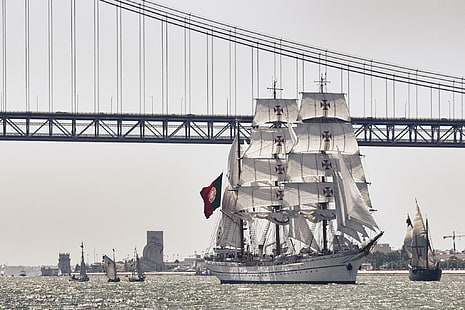 Brücke, Fluss, Segelboot, Portugal, Lissabon, der Tajo, Rinde, NRP Sagres III, Tajo, Sagres, HD-Hintergrundbild HD wallpaper