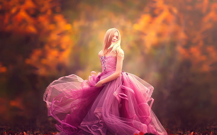 autumn, baby, dance, dress, fall, forest, girl, morning, nature, people, pink, sunshine, trees, winter, HD wallpaper