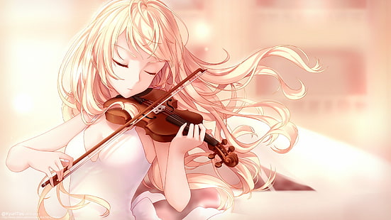 personaggio femminile anime che suona l'illustrazione al piano, anime, anime girls, Shigatsu wa Kimi no Uso, Miyazono Kaori, violino, biondo, Sfondo HD HD wallpaper