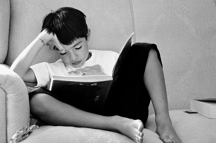 black and white, book, child, education, facial expression, family, indoors, kid, knowledge, learn, learning, people, person, portrait, read, reading, reclining, room, seat, sit, sofa, student, study, studying, thinking, HD wallpaper