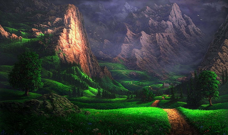 lukisan pohon hijau dan coklat, alam, pemandangan, Wallpaper HD