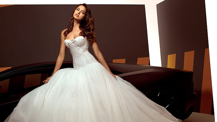 women's white tube wedding dress, irina shayk, wedding dress, photo shoot, HD wallpaper