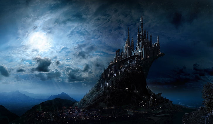 castello sotto l'illustrazione del cielo nuvoloso, fantasy art, castello, Sfondo HD