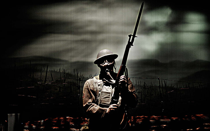 men's brown jacket, soldiers, gas mask, rifle, The first world war, bayonet, HD wallpaper