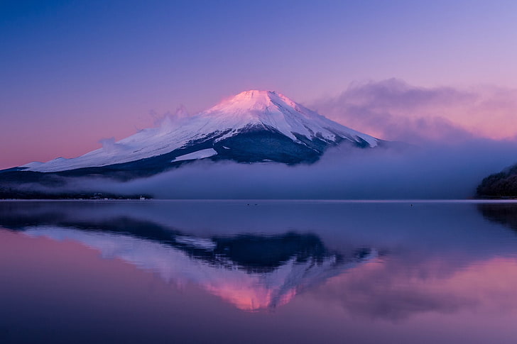 Wulkany, Góra Fuji, Mgła, Japonia, Fiolet, Odbicie, Szczyt, Wulkan, Tapety HD