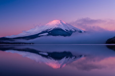 Volcanoes, Mount Fuji, Fog, Japan, Purple, Reflection, Summit, Volcano, HD wallpaper HD wallpaper