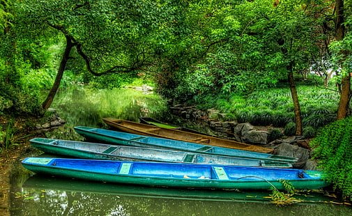 Dragon Boats, quattro canoe verdi, stagioni, estate, Asia / Cina, Cina, hdr, barche, barche del drago, Sfondo HD HD wallpaper