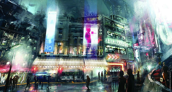 cyberpunk, trabalho artístico, rua, futurista, ficção científica, cidade futurista, HD papel de parede