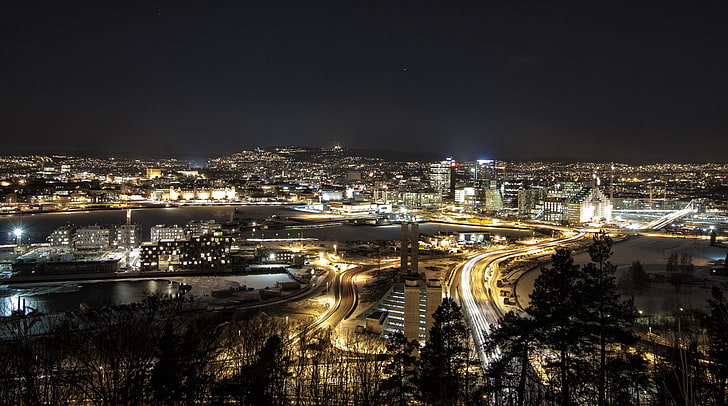 夜、夜、オスロ、ノルウェー、都市、街の明かり、都市景観の中に都市の景観、 HDデスクトップの壁紙