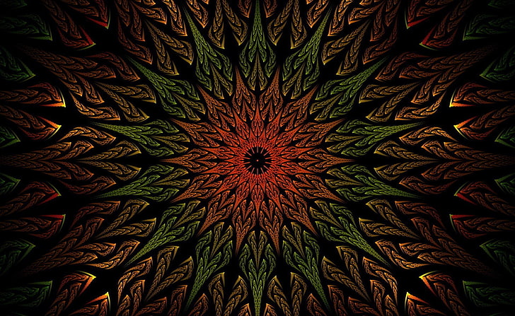 Ilustración de mandala verde y rojo, abstracción, fondo, patrones, textura, fondo negro, Fondo de pantalla HD