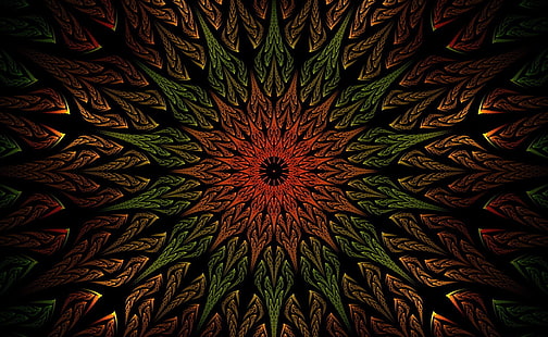 ilustração de mandala verde e vermelha, abstração, plano de fundo, padrões, textura, fundo preto, HD papel de parede HD wallpaper