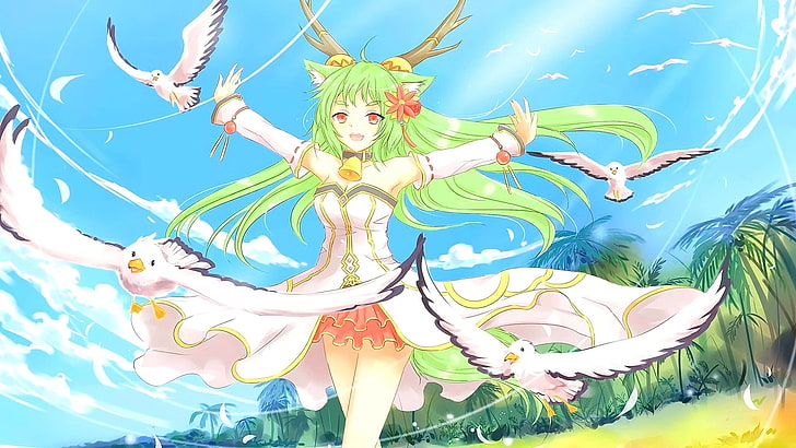anime, anime girls, long hair, green hair, red eyes, animal ears, open mouth, birds, sky, clouds, looking at viewer, HD wallpaper