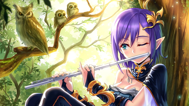 purple-haired female anime character illustration, artwork, anime girls, owl, flute, short hair, pointed ears, purple hair, elves, HD wallpaper