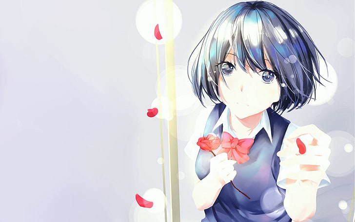 Anime, Kuzu no Honkai, Ojos azules, cabello azul, flor, niña, Hanabi Yasuraoka, pétalo, cabello corto, Fondo de pantalla HD