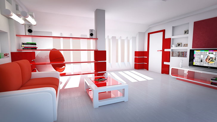 красно-белый диван и журнальный столик, комната, дизайн, стиль, интерьер, модерн, HD обои