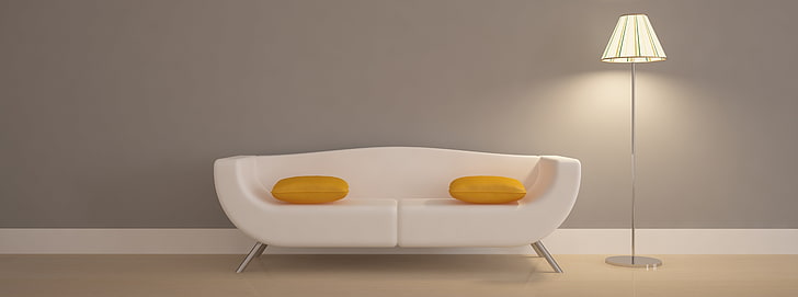 Na kanapie, sofa smokingowa z białej skóry, 2-osobowa, Architektura, sofa, poduszki, lampka, Tapety HD
